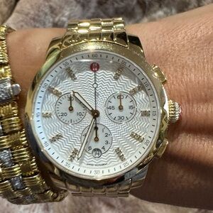 $2999 MICHELE Uptown Gold-Tone Chronograph Watch 28 Diamonds Swiss MWW25A00A994
